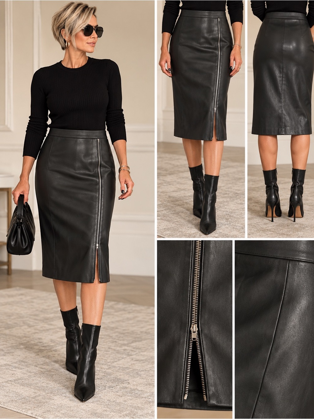 Theory Black Sz 8 Genuine Lambskin Leather Midi Pencil Skirt Side Zipper